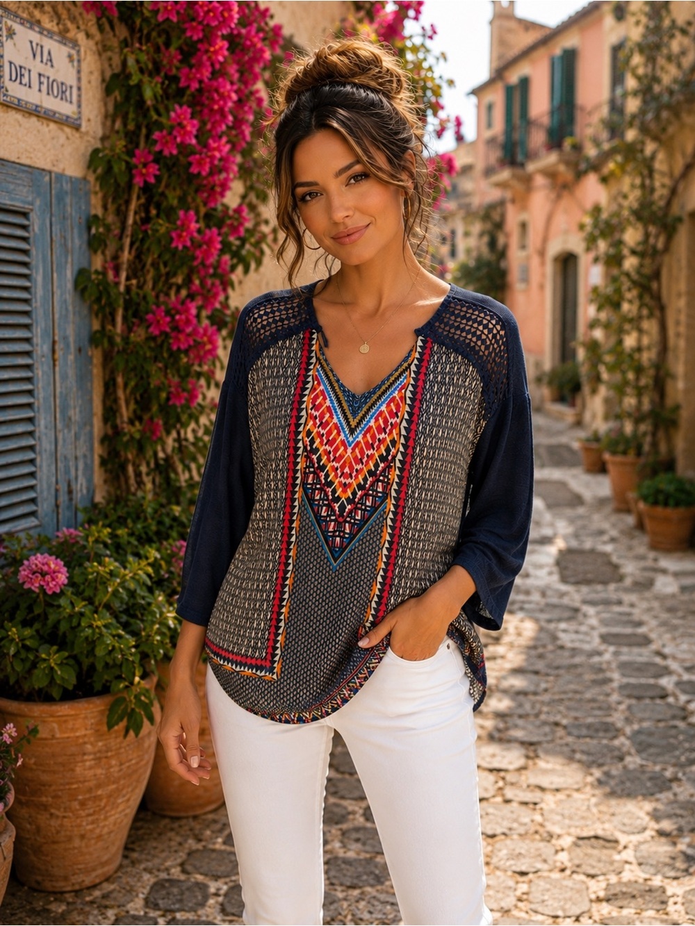 French Blue Petite PM Boho Crochet Shoulder Top | Navy Tribal Print Top